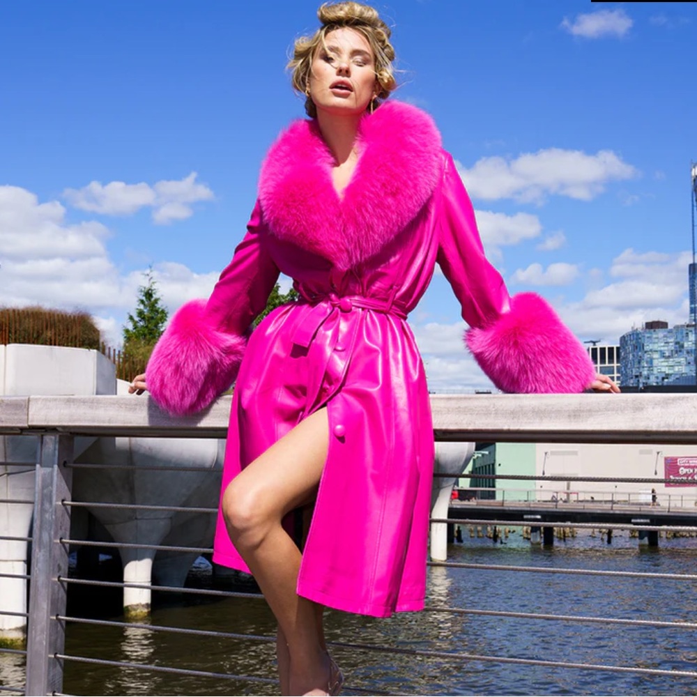 Bright Pink Foxy Coat - Leather Trench w/ Removable Fox Fur Collar & Cuffs